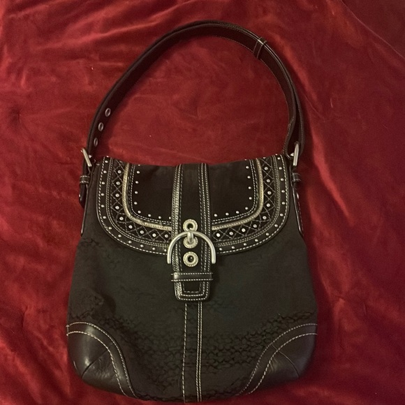 Coach Handbags - Coach F11405 Soho Black Signature Canvas, Suede, Leather Shoulder Purse